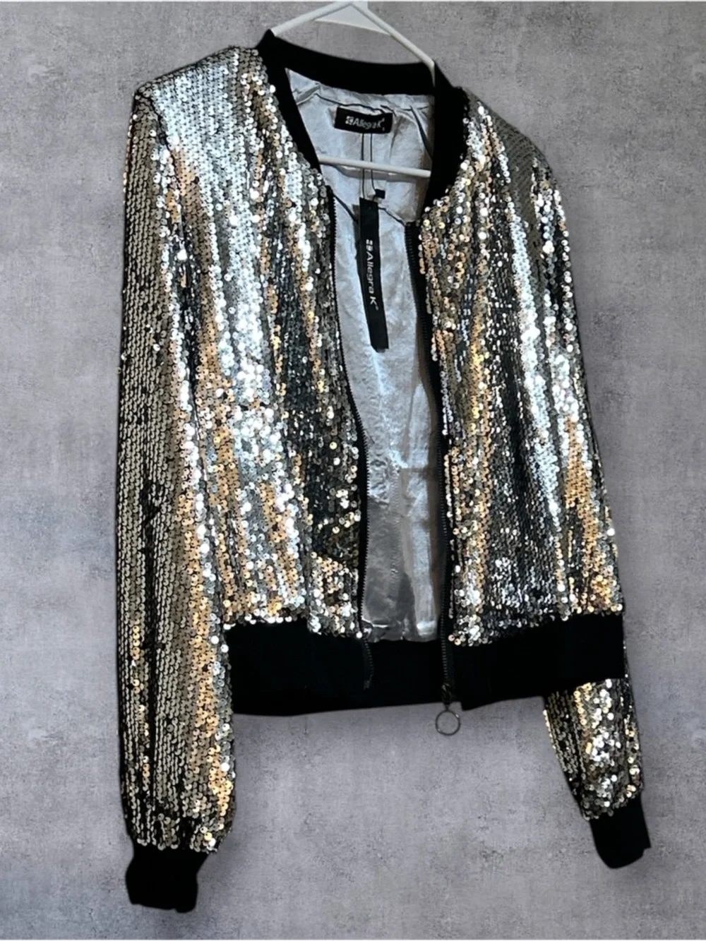 Allegra K Silver Sequin Bomber Jacket with Black Trim NWT Size Large - Picture 1 of 7